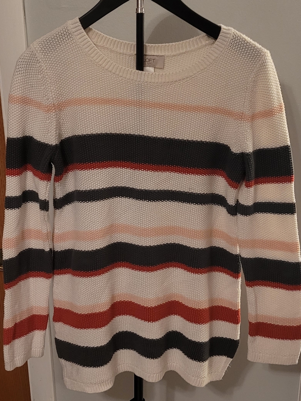 LOFT Cream Crewneck Sweater with Olive, Terracotta And Pale Pink Stripes